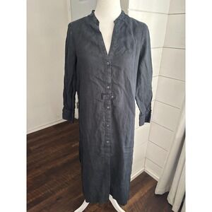 Vineyard Vines Dress Womens Small‎ Black 100% Linen Button Front Midi Shirtdress